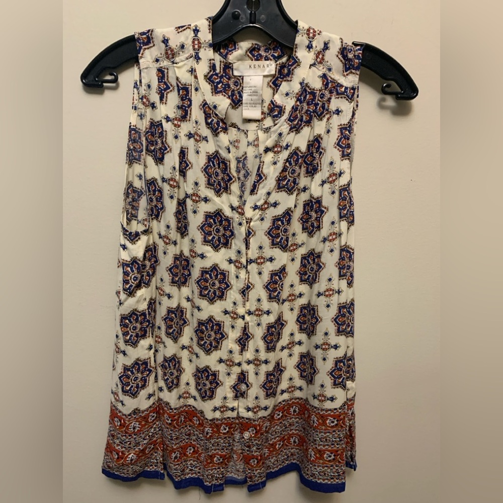 KENAR Cream and Blue Geometric Blouse
